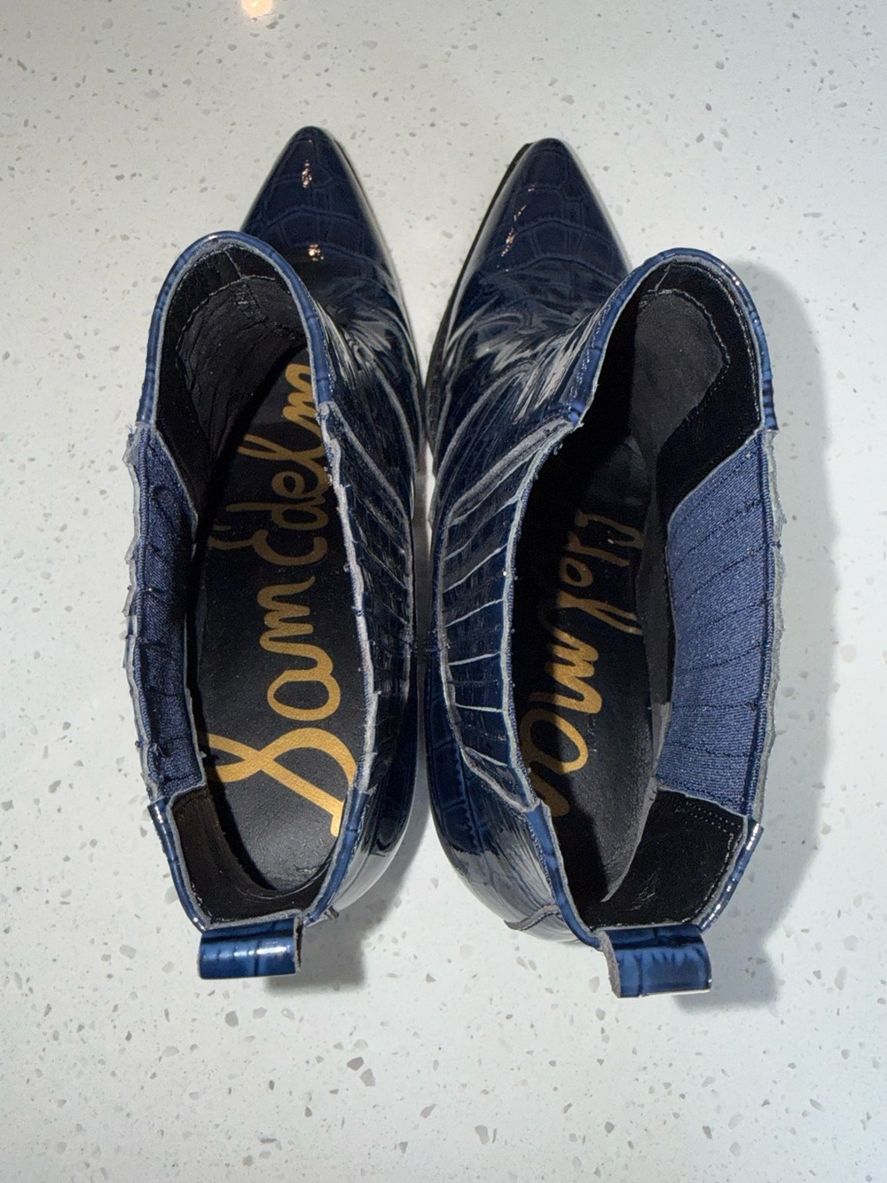 Sam Edelman Navy Croc-Embossed Patent Ankle Booties - Picture 7 of 14